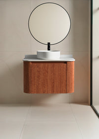Meuble salle de bain Alma en bois cannelé suspendu avec vasque et miroir rond design moderne Inobath