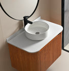 Meuble salle de bain Alma en bois cannelé avec vasque à poser et robinet noir design moderne