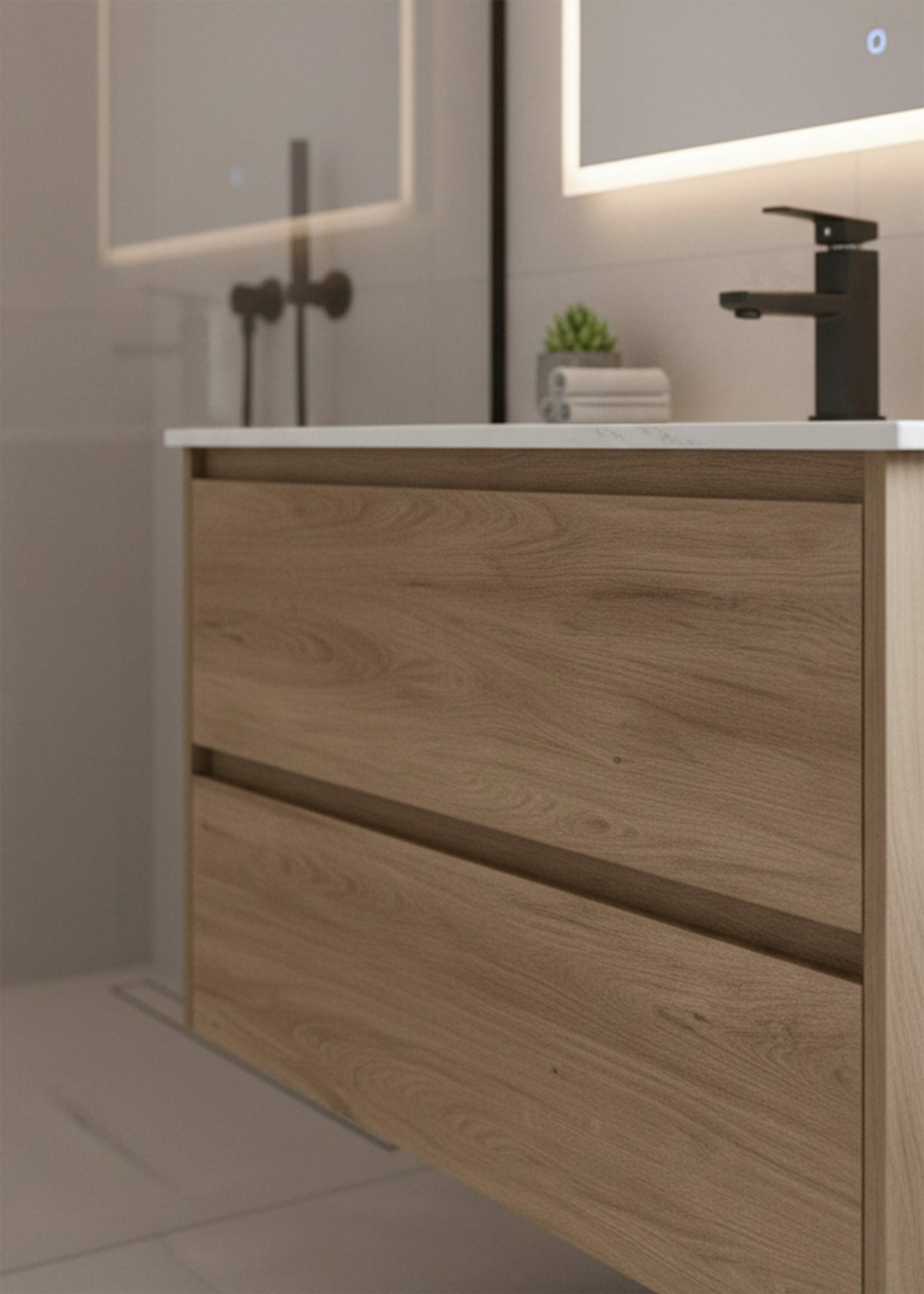 Détail meuble salle de bain Dune en bois avec tiroirs et finition moderne Inobath
