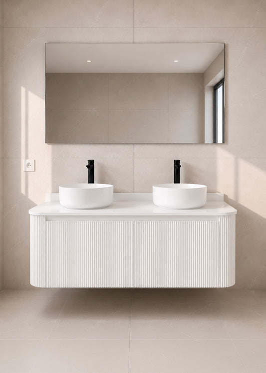Meuble double vasque suspendu Sienna blanc mat 120 cm façade cannelée