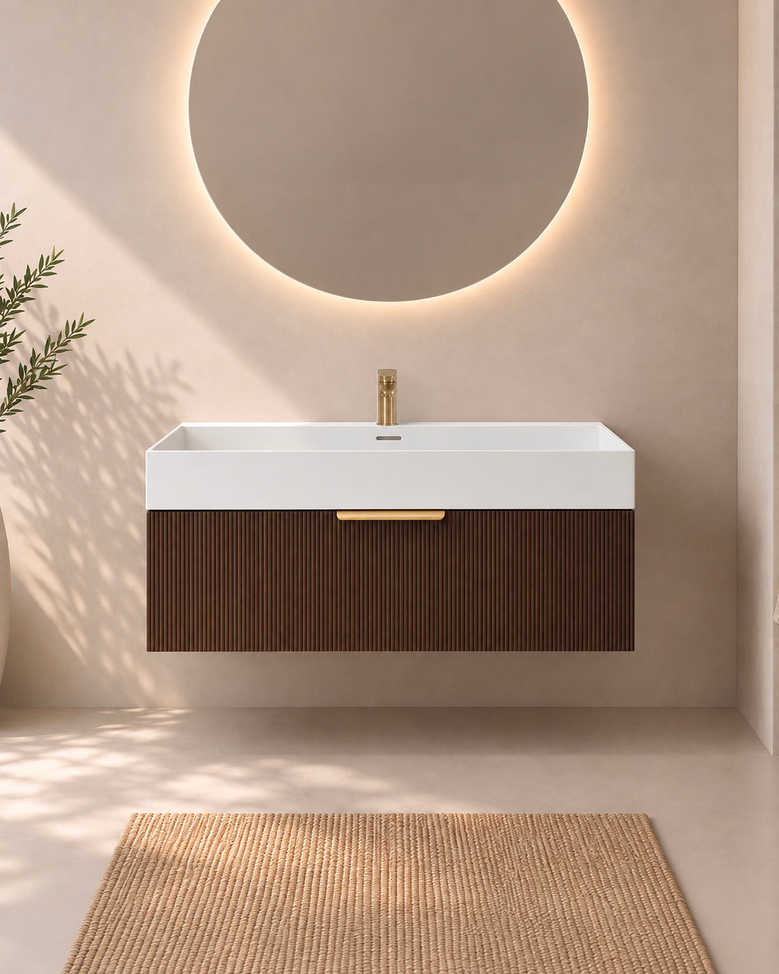 noyer-80cm-vue-face
Meuble de salle de bain suspendu Soha 80 cm en noyer avec grande vasque blanche en solid surface, vue de face.