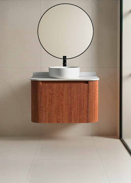 Meuble salle de bain Alma en bois cannelé suspendu avec vasque et miroir rond design moderne Inobath