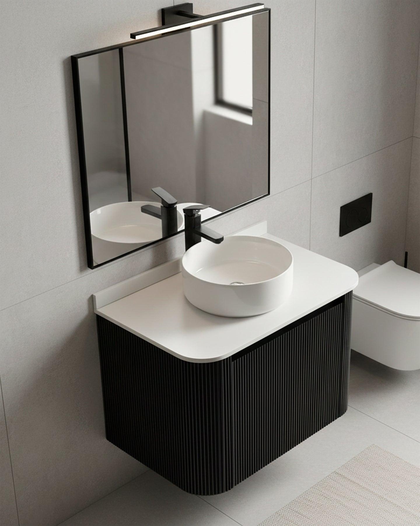 Meuble salle de bain Alma noir suspendu avec vasque et miroir dans une salle de bain moderne