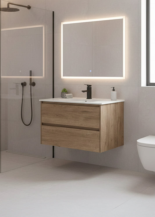 Meuble salle de bain Dune en bois suspendu avec miroir LED dans une salle de bain moderne Inobath