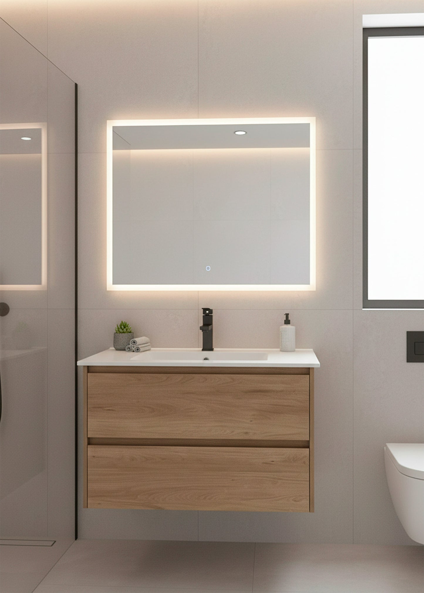 Salle de bain moderne avec meuble Dune en bois suspendu et miroir LED lumineux