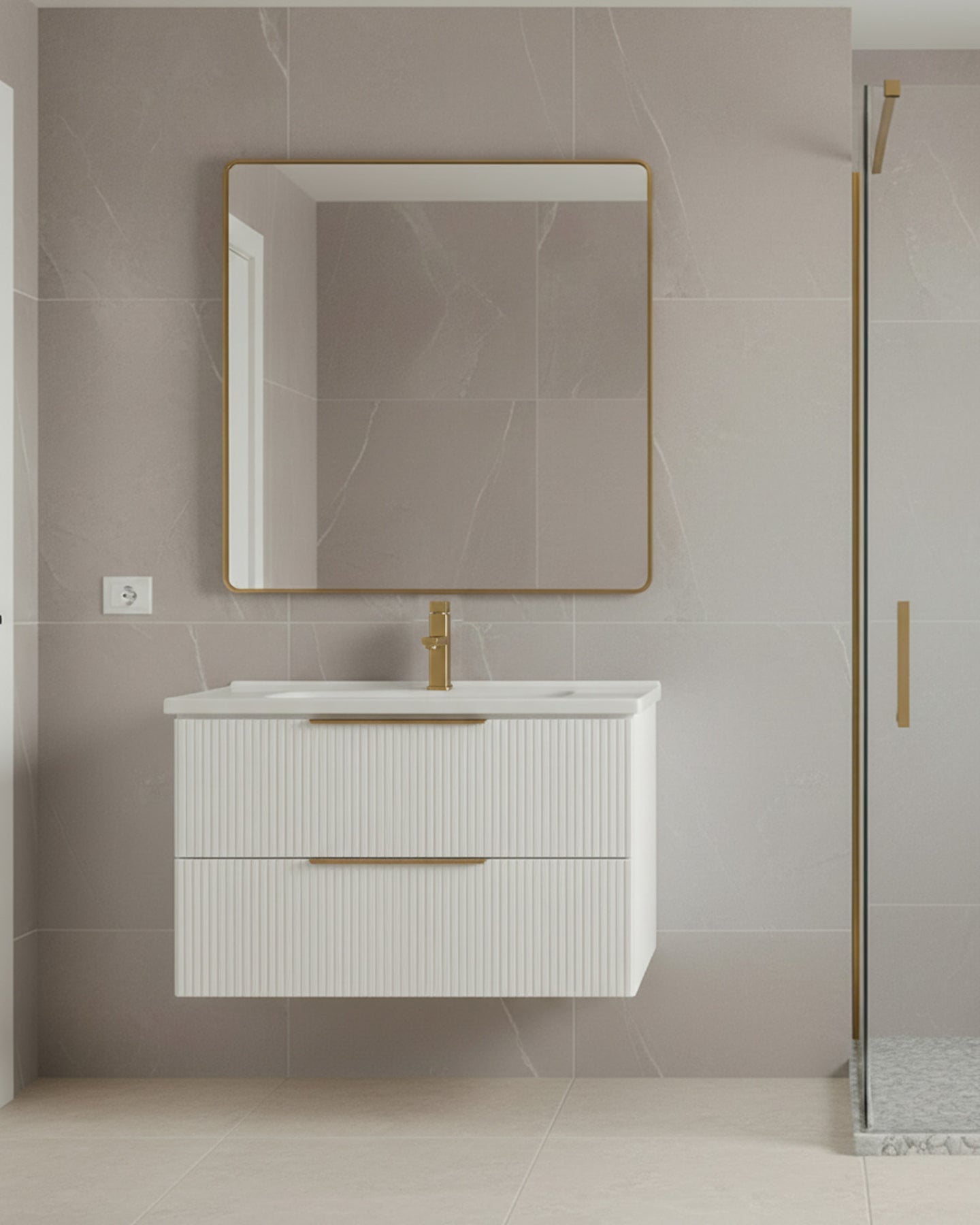 Meuble salle de bain Erio 80 cm blanc suspendu avec vasque et miroir dans une salle de bain moderne