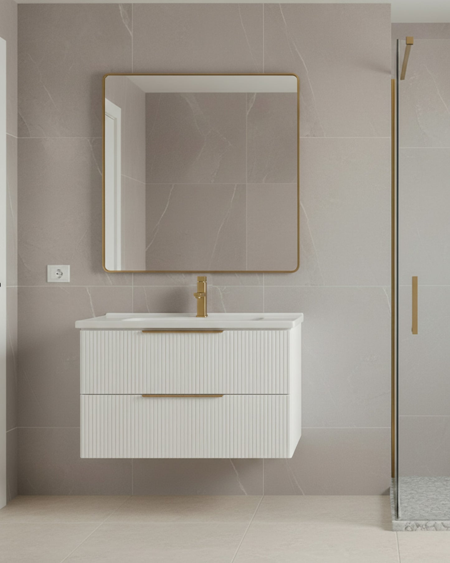 Meuble salle de bain Erio 80 cm blanc suspendu avec vasque et miroir dans une salle de bain moderne