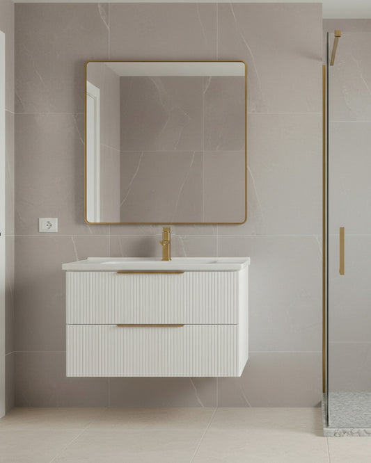 Meuble salle de bain Erio 80 cm blanc suspendu avec vasque et miroir dans une salle de bain moderne