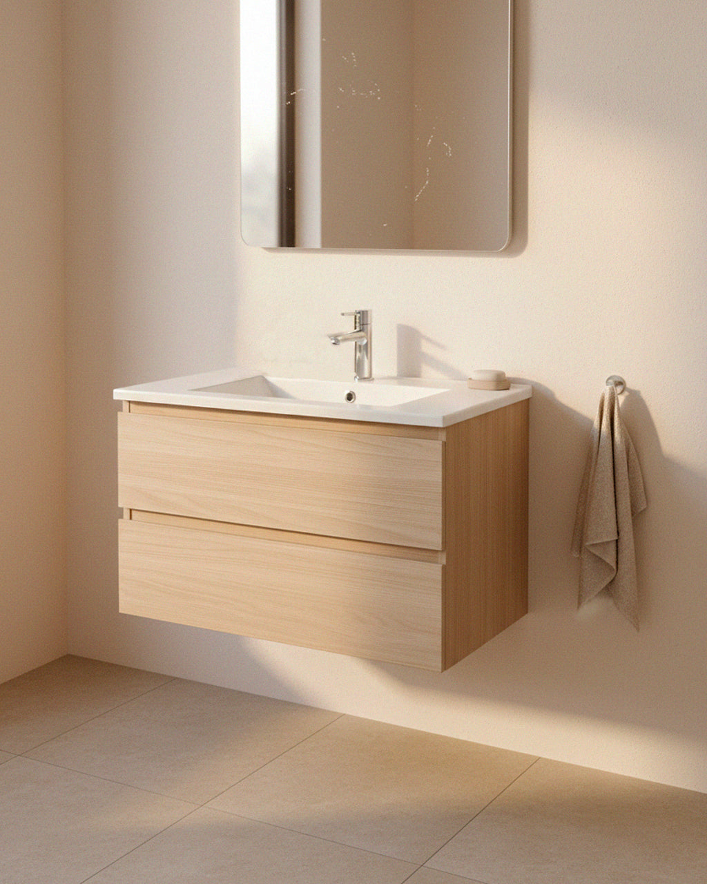 Meuble salle de bain Milo en bois suspendu dans une salle de bain lumineuse au style minimaliste Inobath