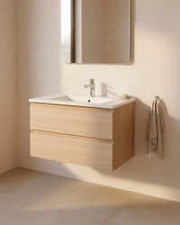 Meuble salle de bain Milo en bois suspendu dans une salle de bain lumineuse au style minimaliste Inobath