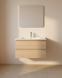 Meuble salle de bain Milo en bois avec vasque encastrée et miroir dans une salle de bain moderne