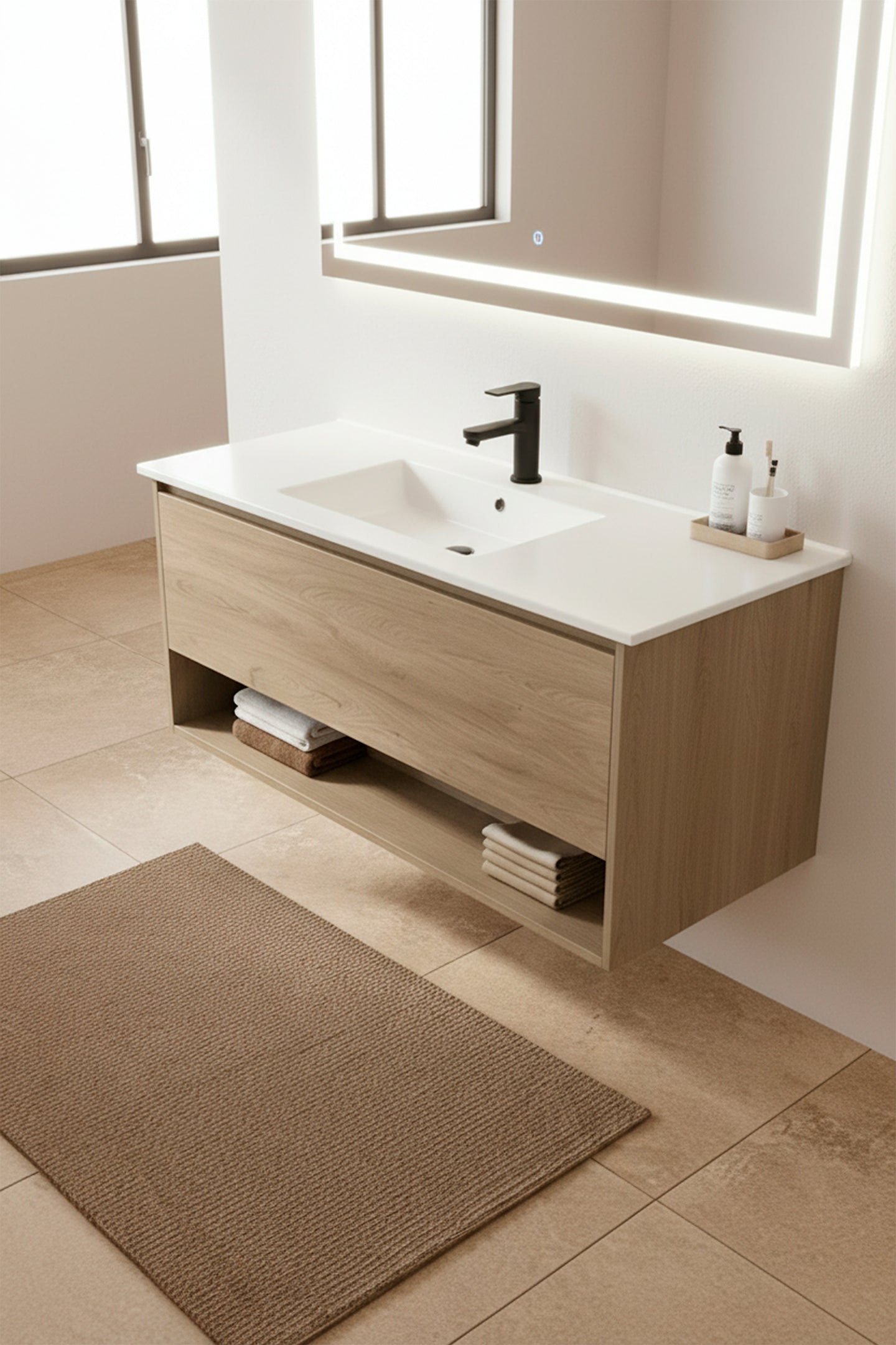 Meuble salle de bain bois suspendu Sand 120 cm avec miroir LED lumineux, style moderne et épuré Inobath