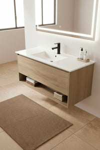 Meuble salle de bain bois suspendu Sand 120 cm avec miroir LED lumineux, style moderne et épuré Inobath
