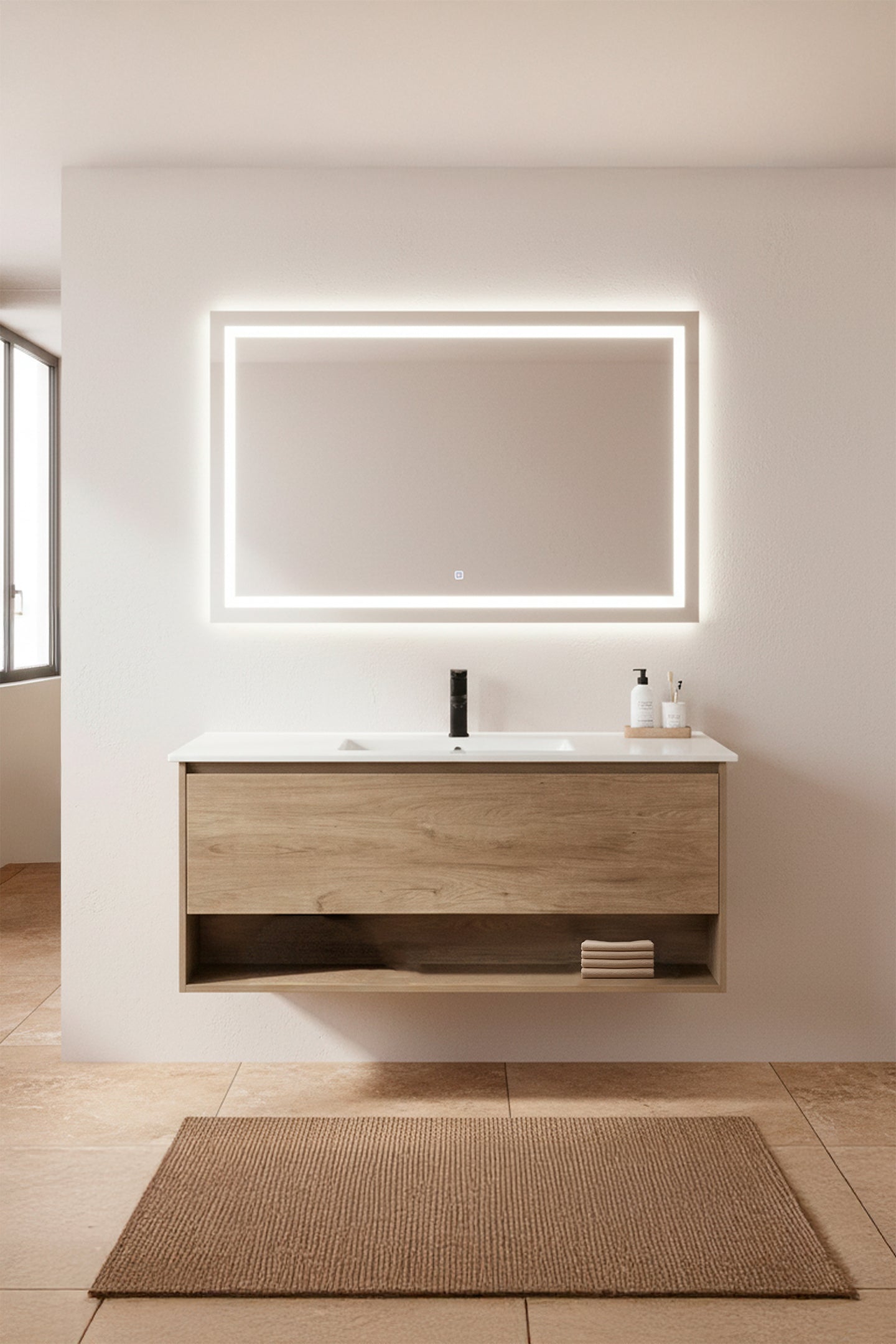 Meuble salle de bain bois suspendu Sand 120 cm avec miroir LED lumineux, style moderne et épuré Inobath face