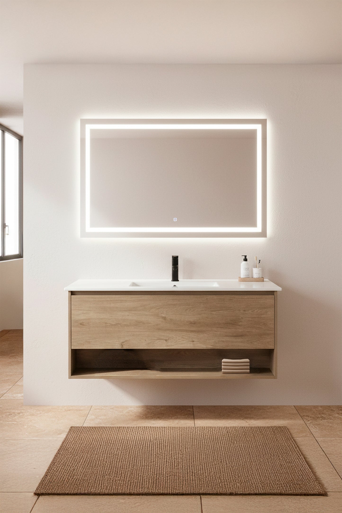 Meuble salle de bain bois suspendu Sand 120 cm avec miroir LED lumineux, style moderne et épuré Inobath face